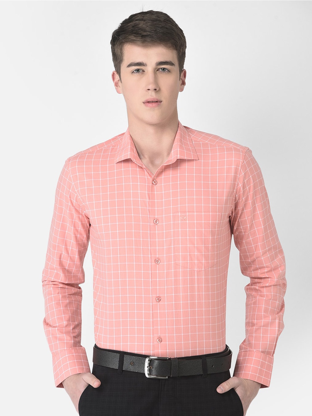 

Crimsoune Club Men Slim Fit Grid Tattersall Checked Cotton Formal Shirt, Peach