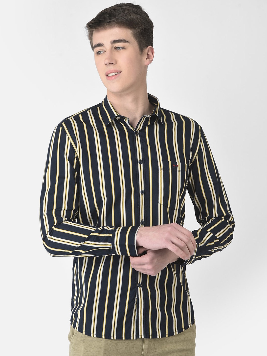 

Crimsoune Club Men Slim Fit Vertical Striped Casual Pure Cotton Shirt, Mustard