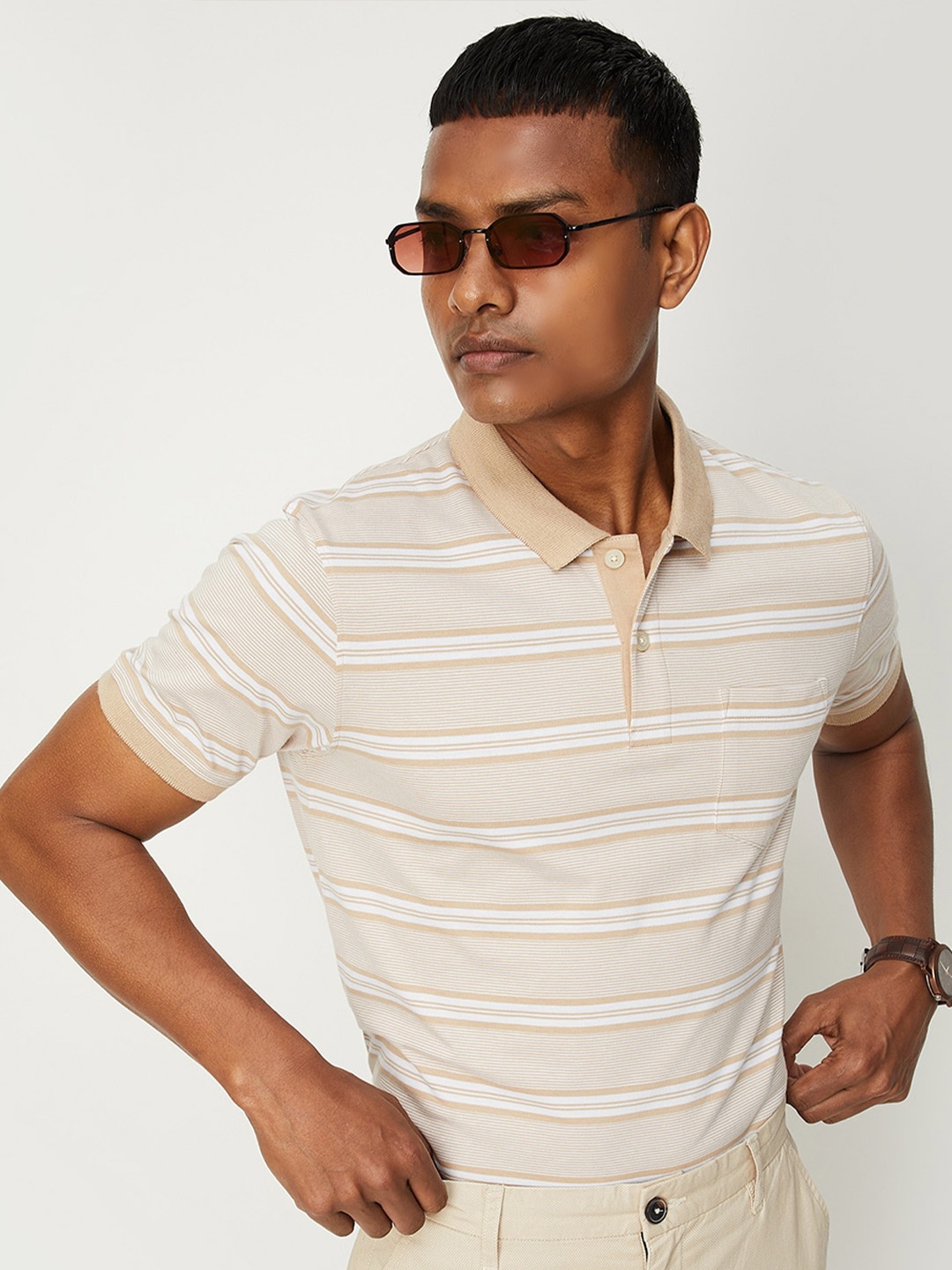 

max Men Striped Polo Collar Cotton T-shirt, Beige