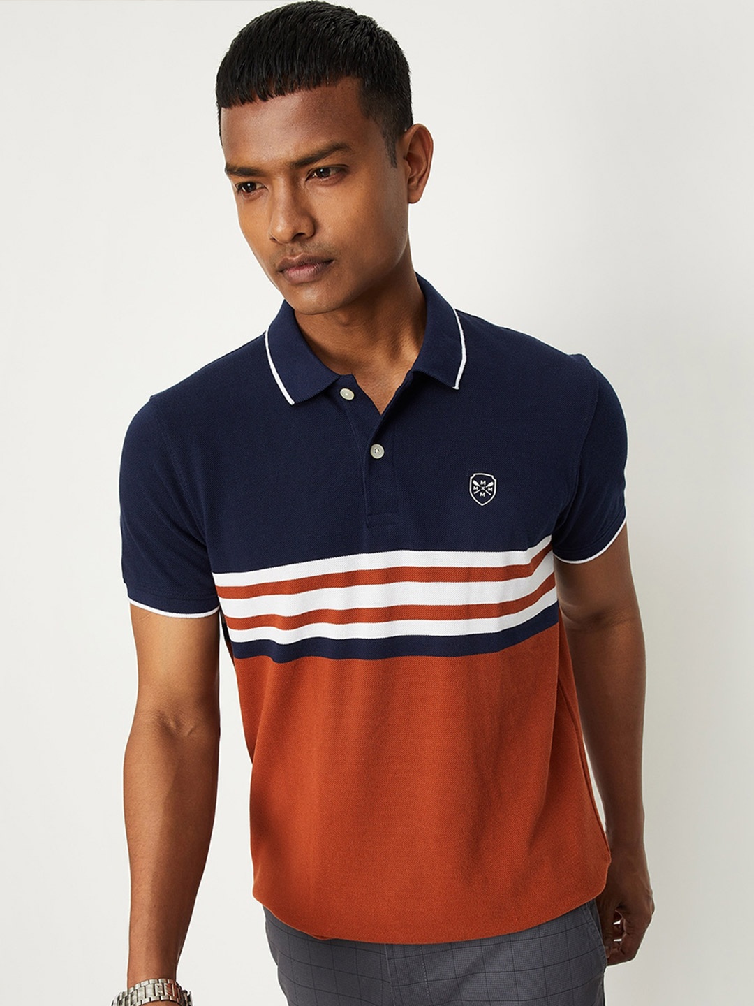 

max Striped Polo Collar Cotton T-shirt, Rust
