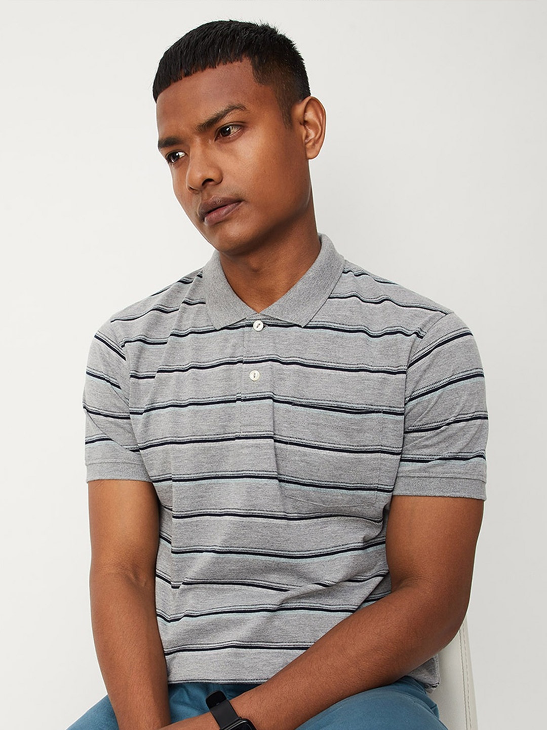 

max Striped Polo Collar T-shirt, Grey melange