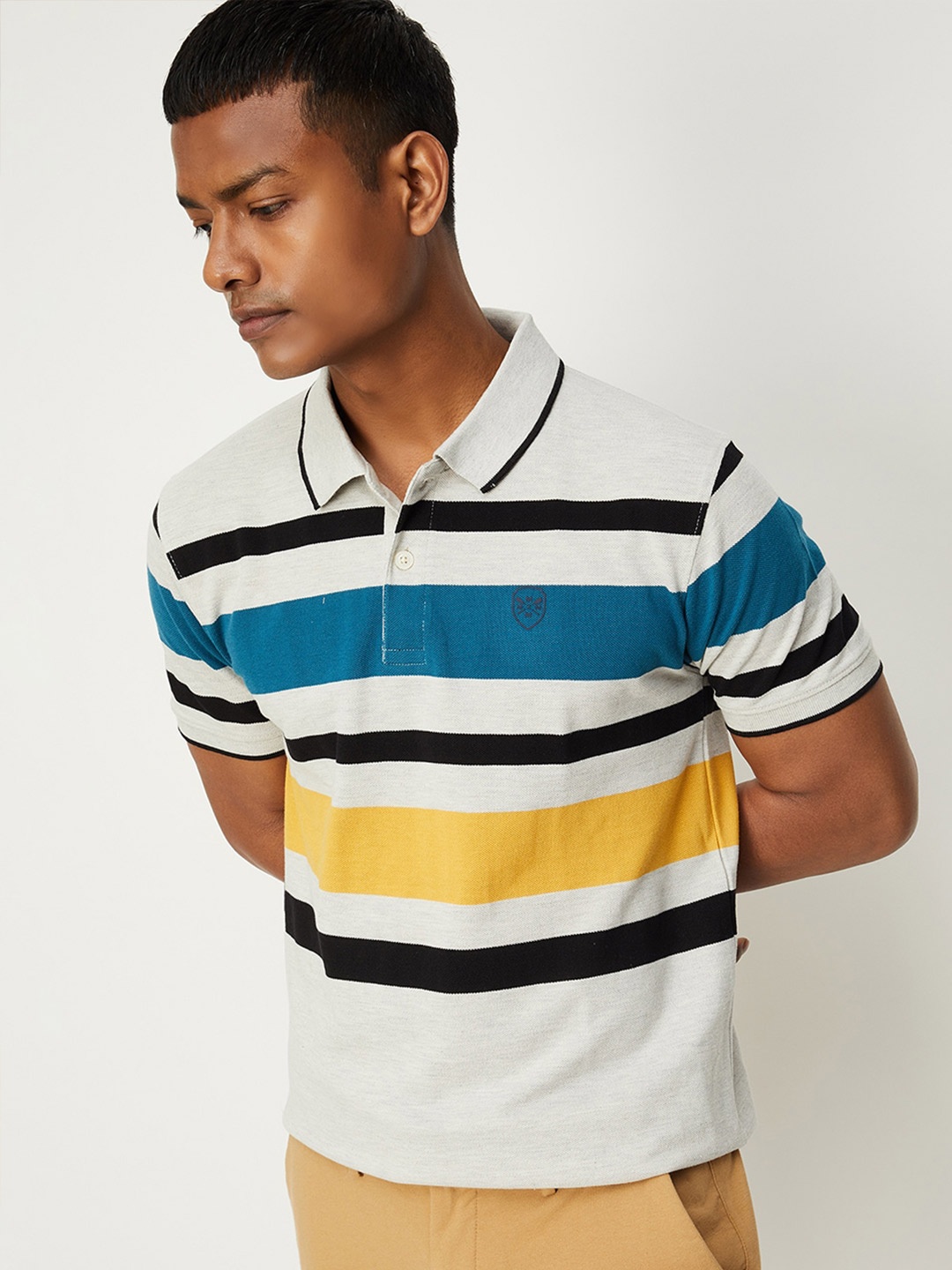 

max Men Striped Polo Collar Cotton T-shirt, Grey