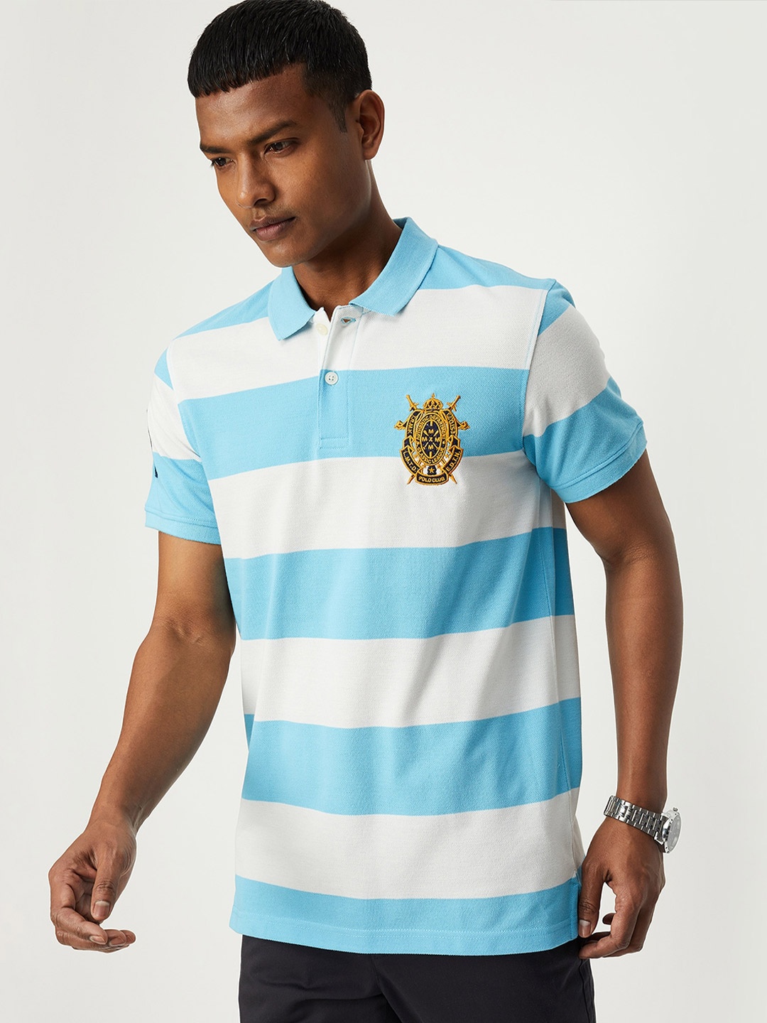 

max Striped Polo Collar Cotton T-shirt, Blue