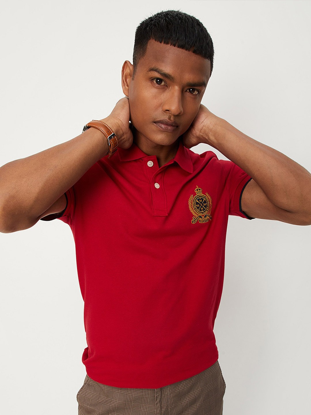 

max Men Polo Collar Short Sleeve Pure Cotton T-shirt, Red