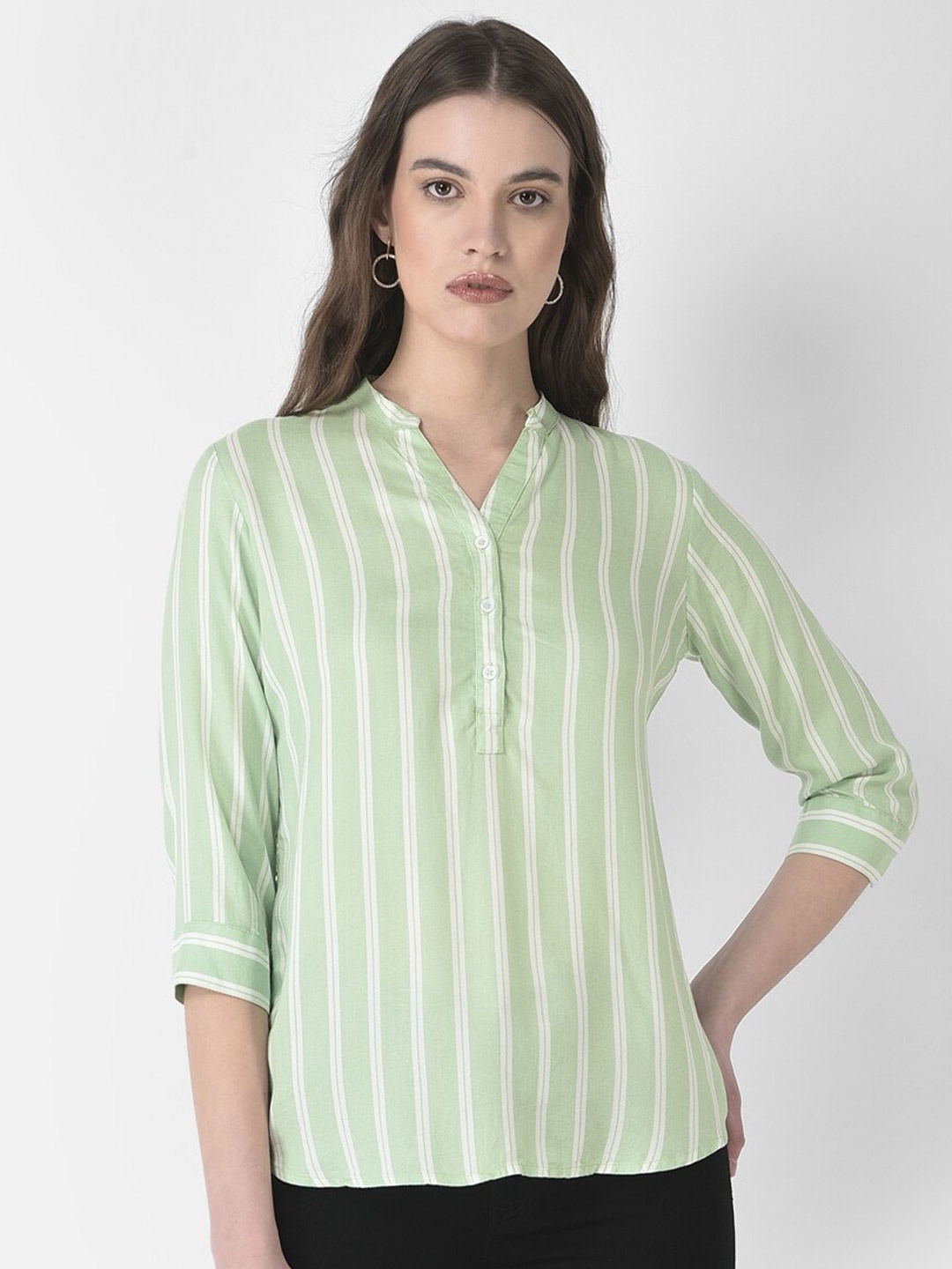 

Crimsoune Club Striped Mandarin Collar Shirt Style Top, Green