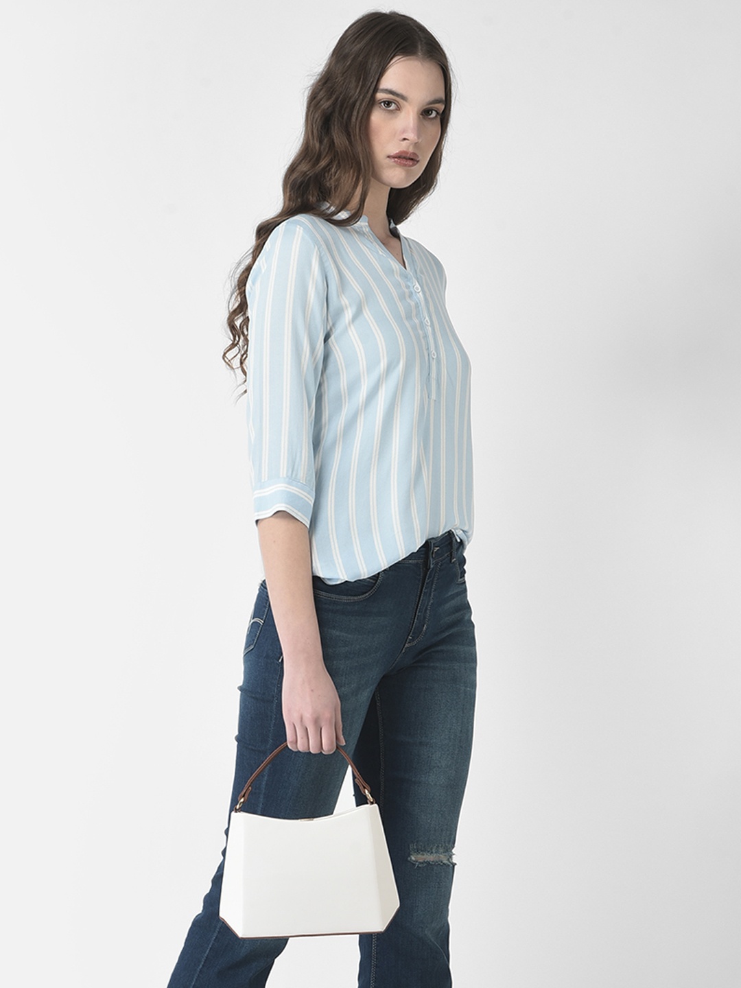 Crimsoune Club Striped Mandarin Collar Shirt Style Top, Blue