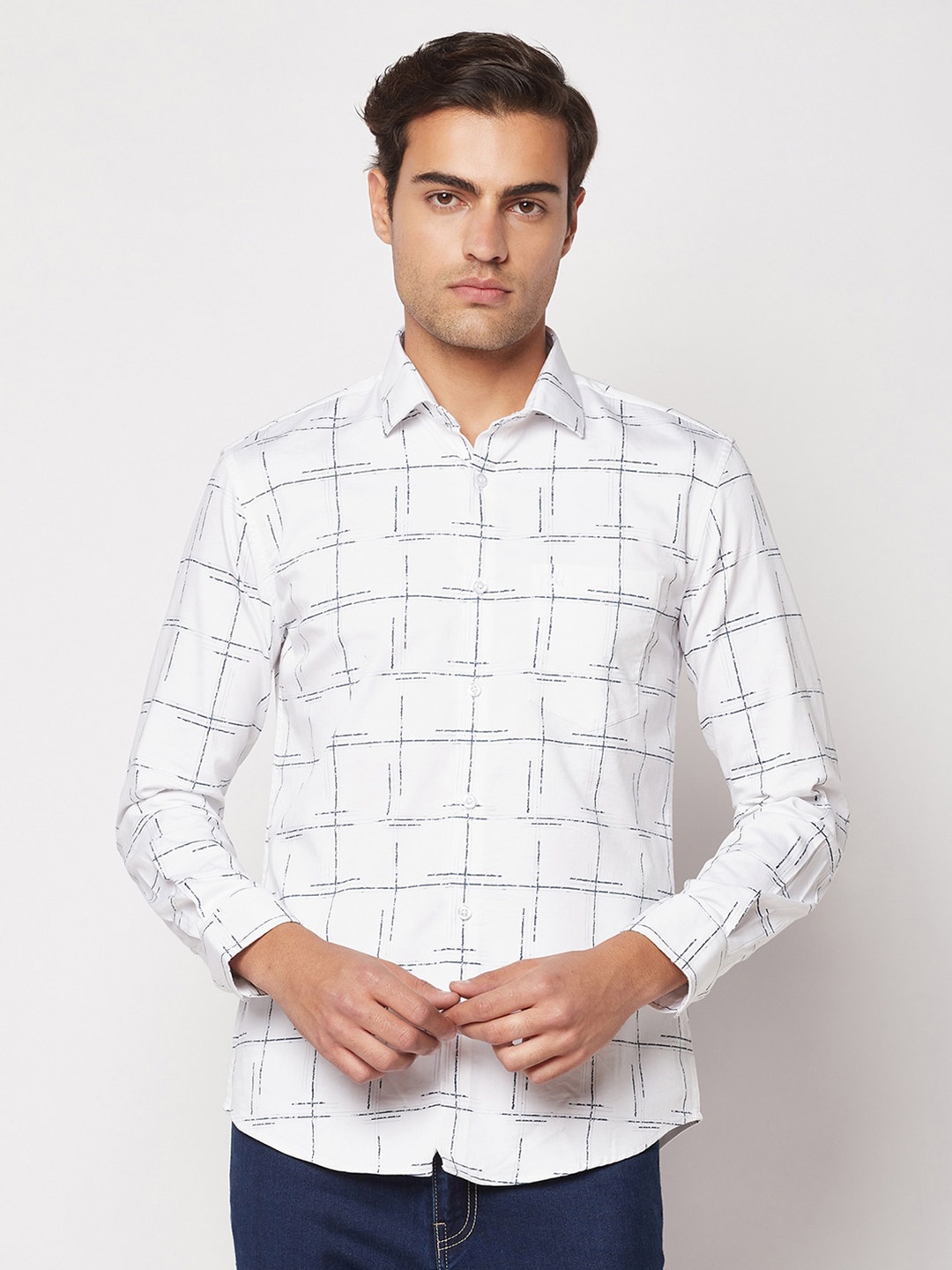 

Crimsoune Club Plus Size Windowpane Checks Casual Shirt, White