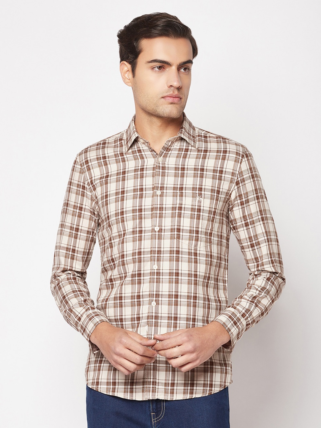 

Crimsoune Club Slim Fit Tartan Checked Pure Cotton Casual Shirt, Brown