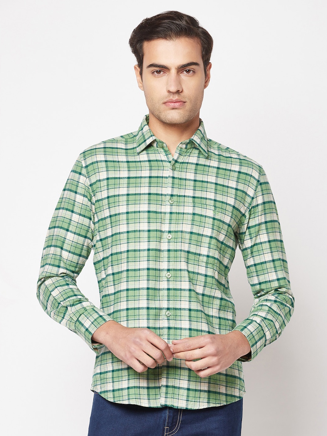 

Crimsoune Club Men Slim Fit Tartan Checked Casual Pure Cotton Shirt, Green