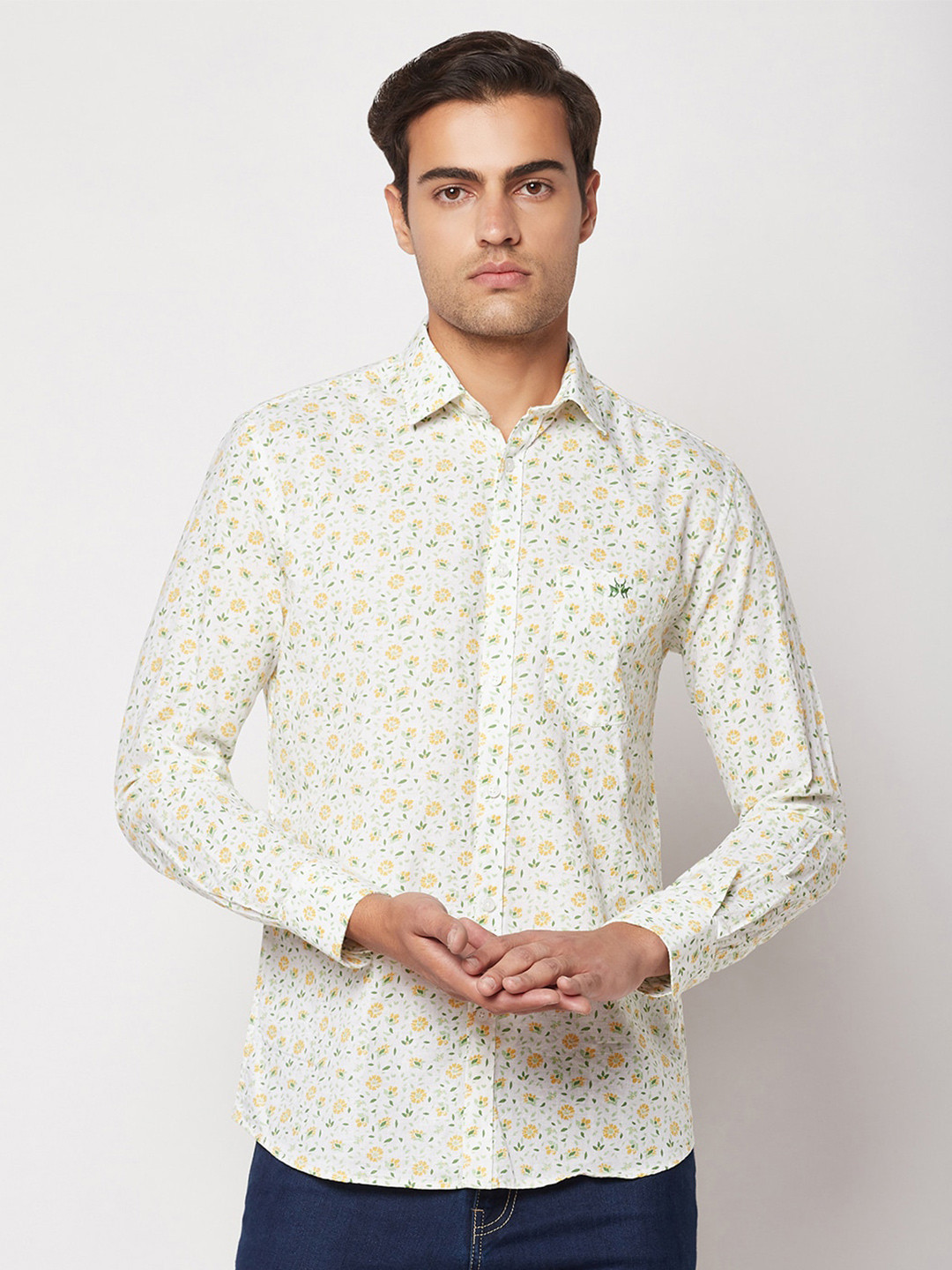 

Crimsoune Club Men Comfort Floral Printed Cotton Casual Shirt, White