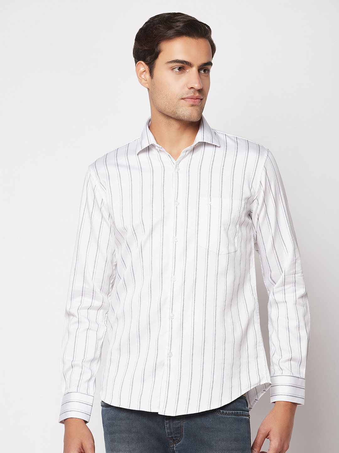 

Crimsoune Club Plus Size Striped Cotton Casual Shirt, White