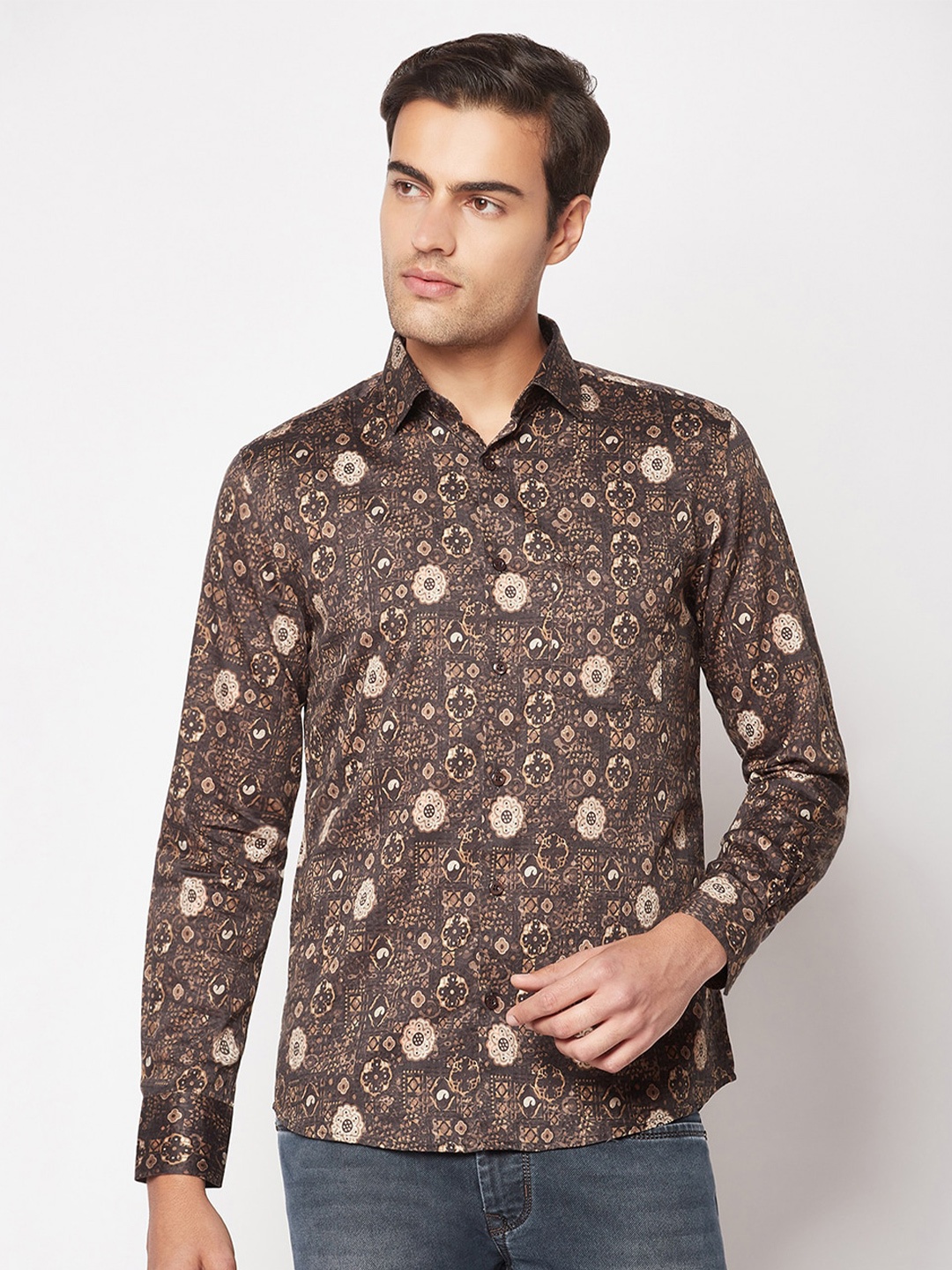 

Crimsoune Club Slim Fit Floral Printed Casual Cotton Shirt, Olive