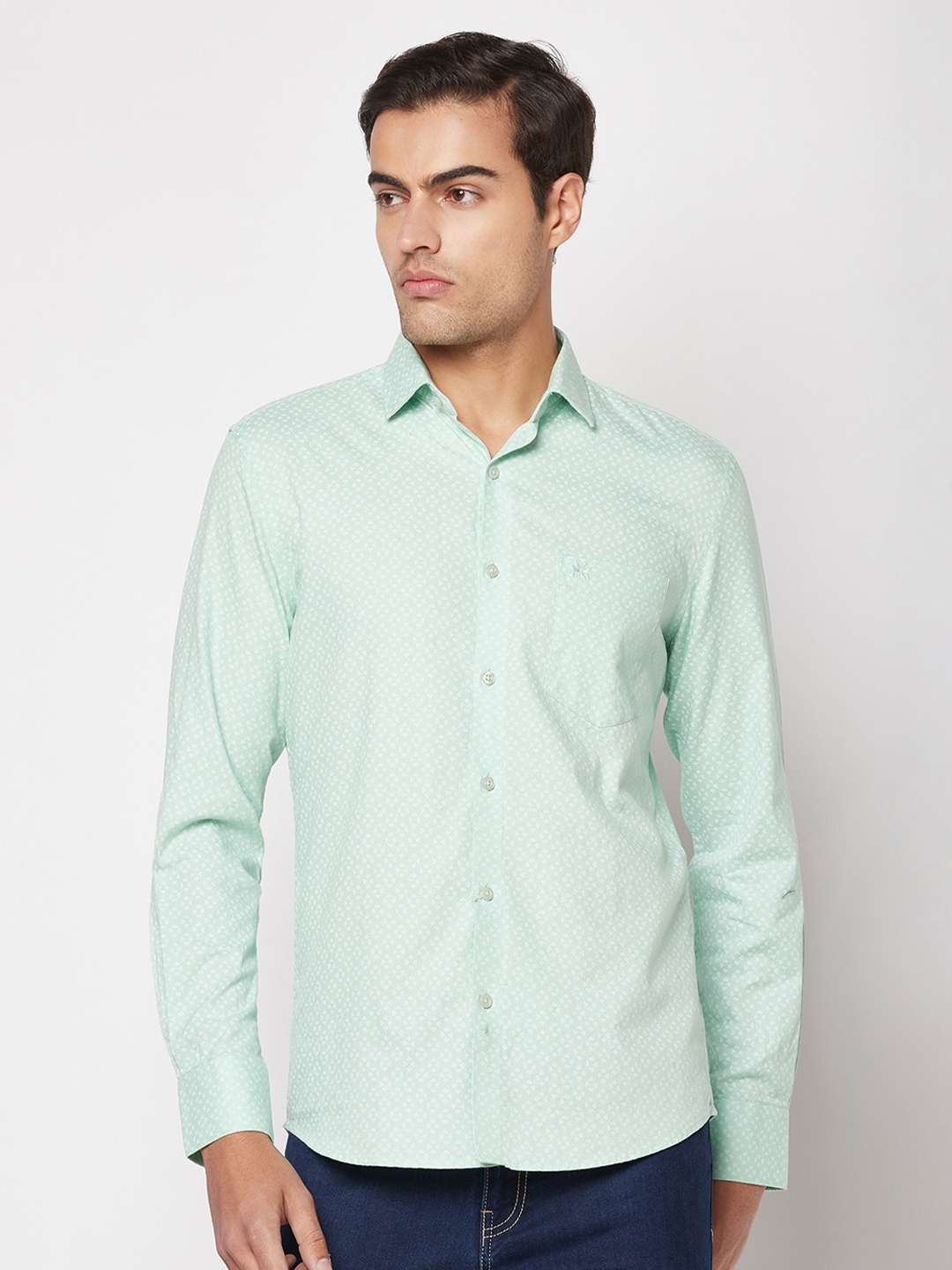 

Crimsoune Club Men Slim Fit Micro Ditsy Printed Casual Pure Cotton Shirt, Sea green