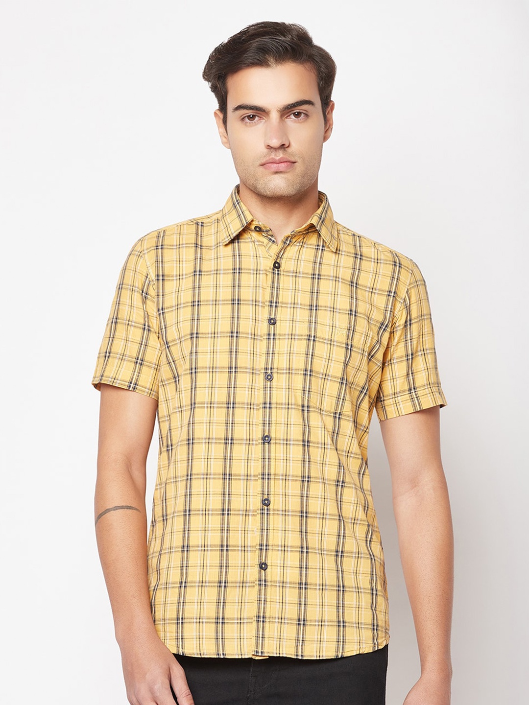 

Crimsoune Club Men Slim Fit Tartan Checked Casual Pure Cotton Shirt, Mustard