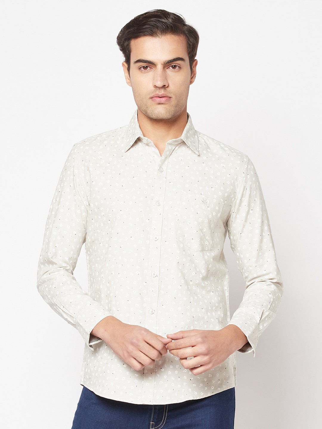 

Crimsoune Club Slim Fit Floral Printed Pure Cotton Casual Shirt, Cream