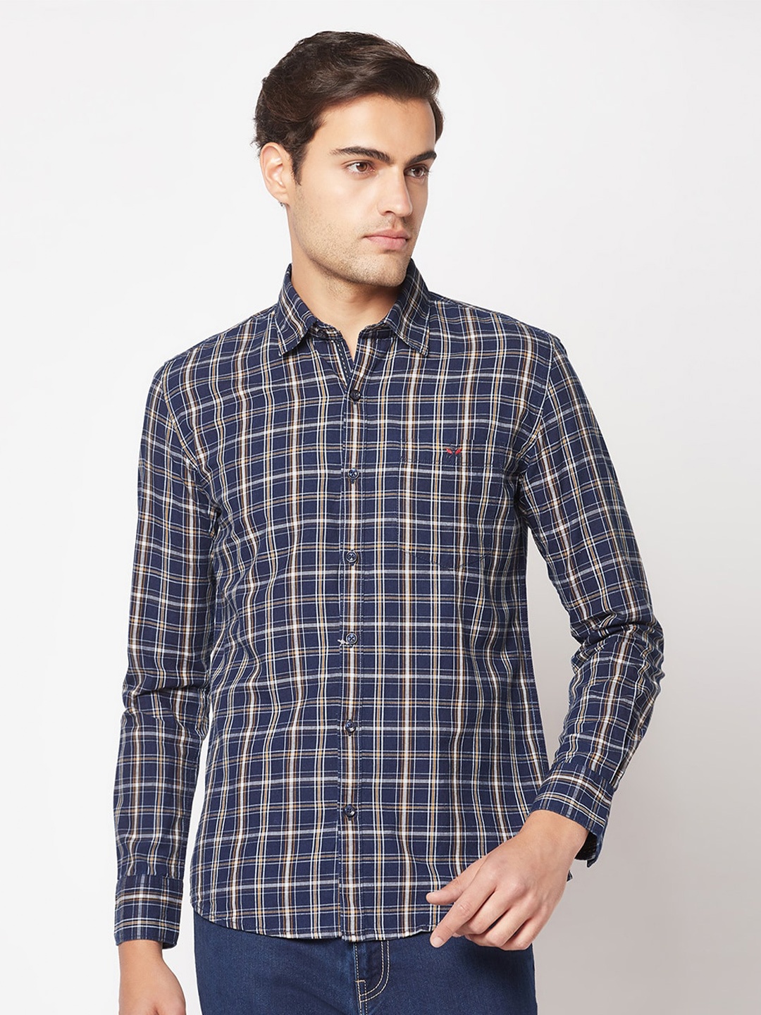 

Crimsoune Club Plus Size Slim Fit Tartan Checked Pure Cotton Casual Shirt, Beige