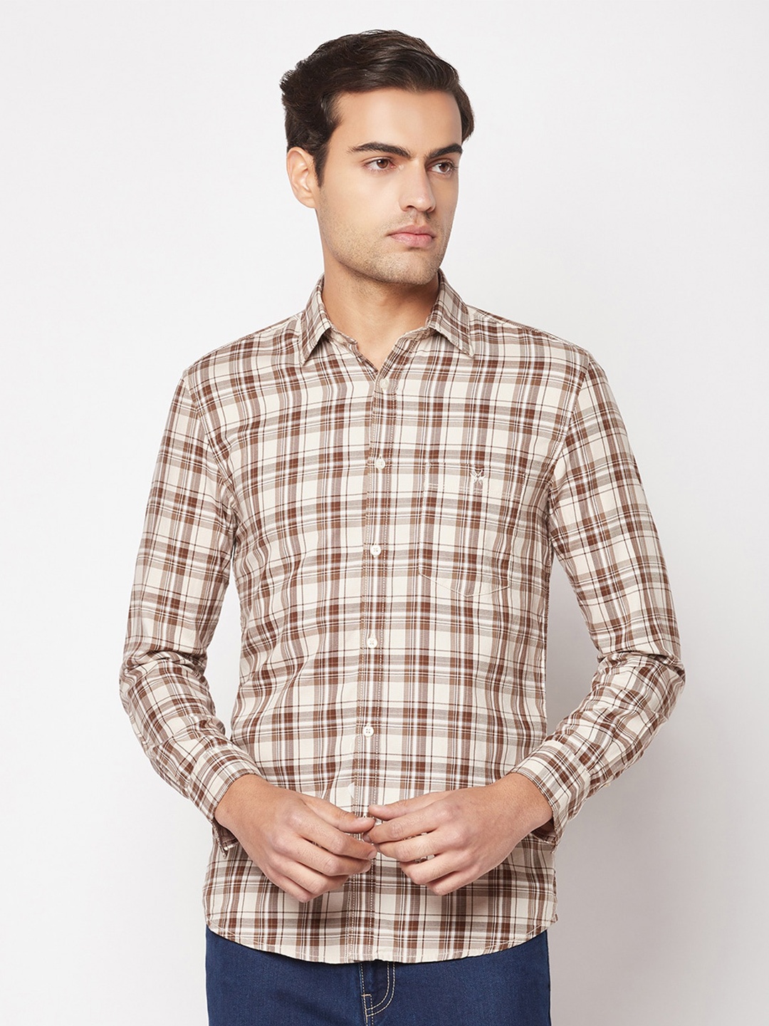 

Crimsoune Club Checked Pure Cotton Slim Fit Casual Shirt, Brown