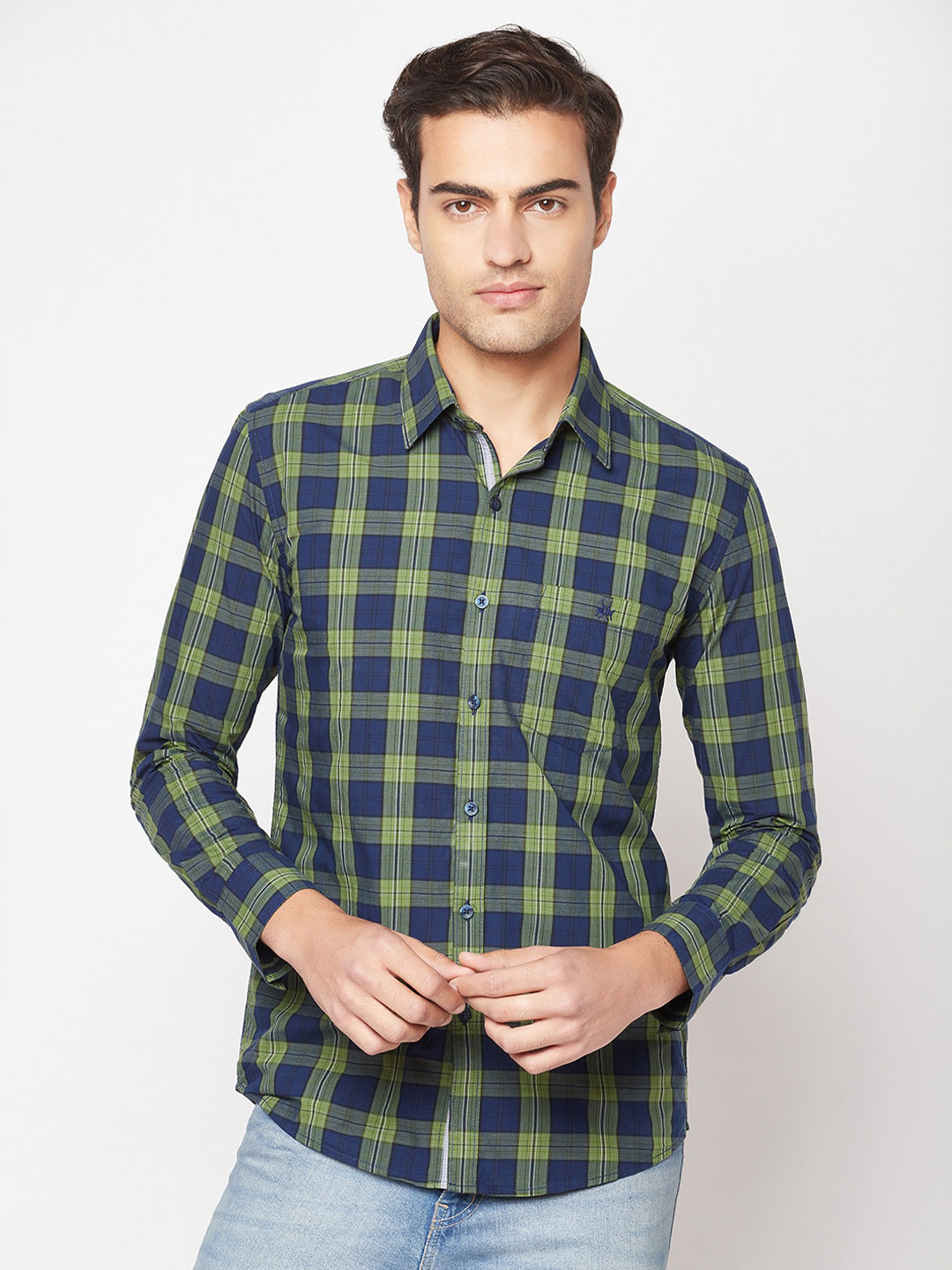 

Crimsoune Club Men Plus Size Slim Fit Buffalo Checked Cotton Casual Shirt, Olive