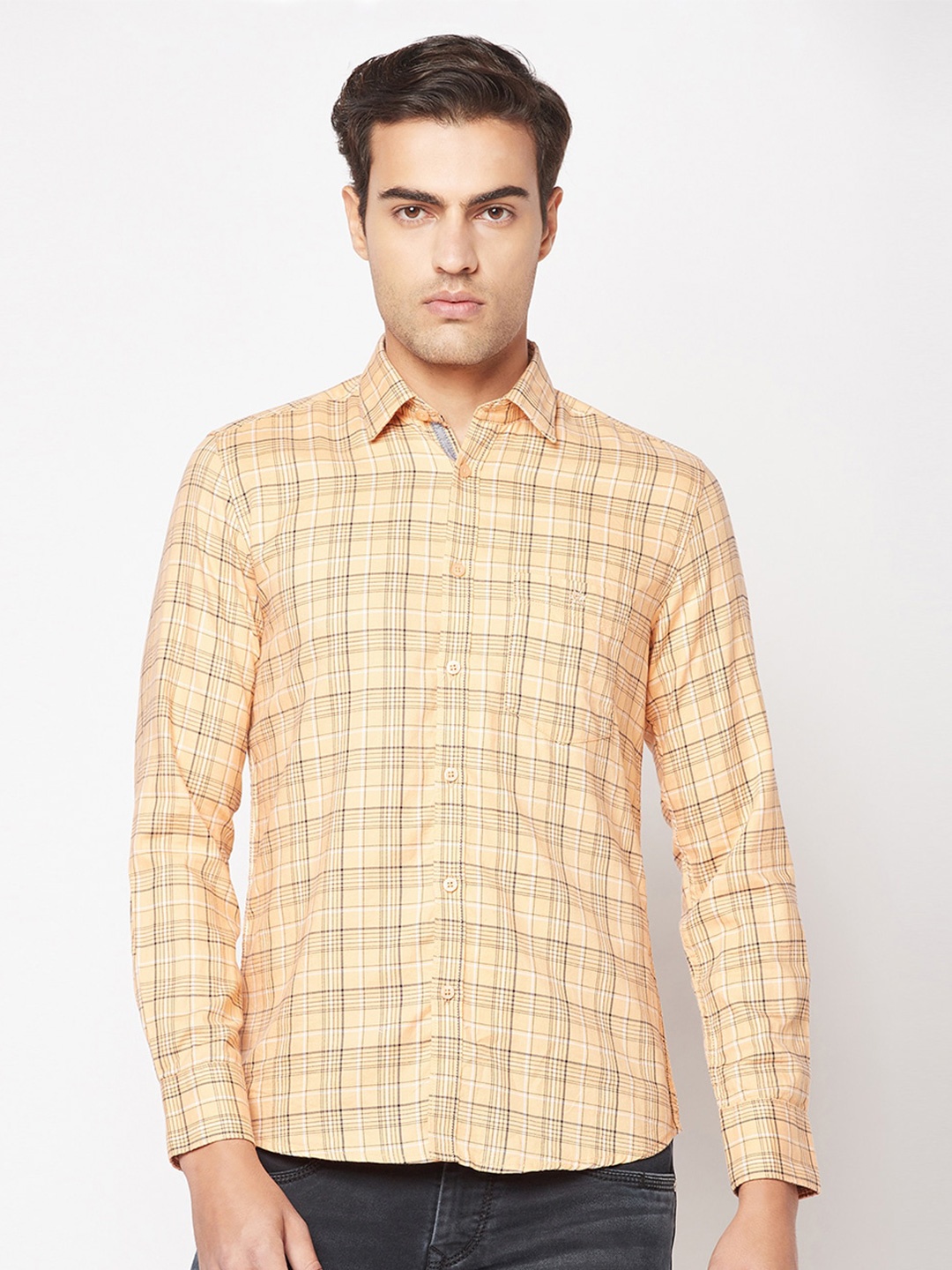 

Crimsoune Club Slim Fit Tartan Checks Checked Pure Cotton Casual Shirt, Peach