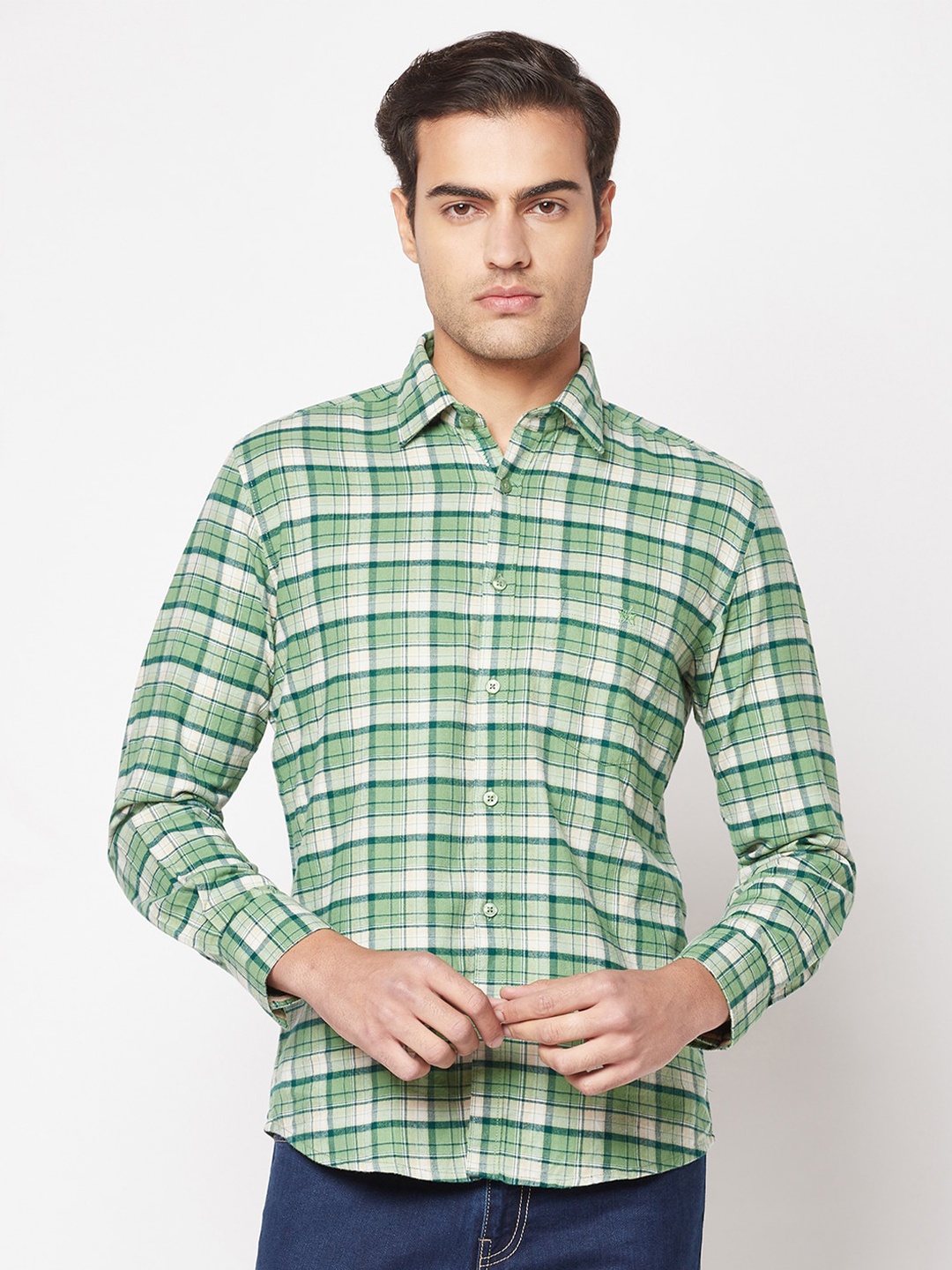 

Crimsoune Club Plus Size Tartan Checks Pure Cotton Slim Fit Casual Shirt, Green