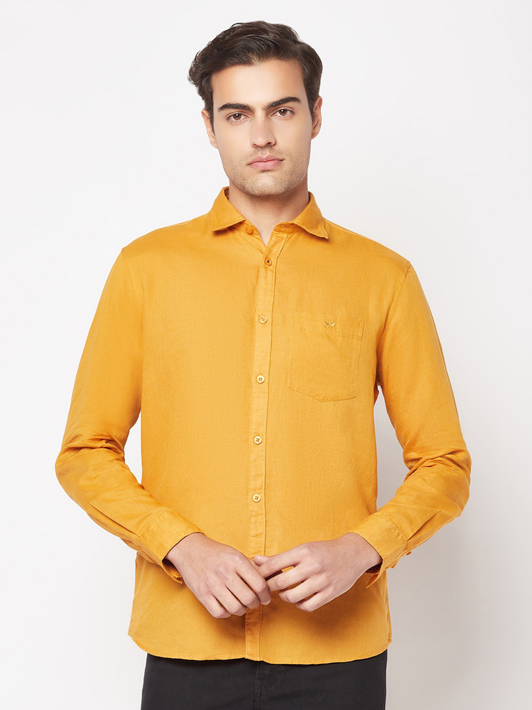 

Crimsoune Club Comfort Plus Size Spread Collar Slim Fit Pure Cotton Casual Shirt, Mustard