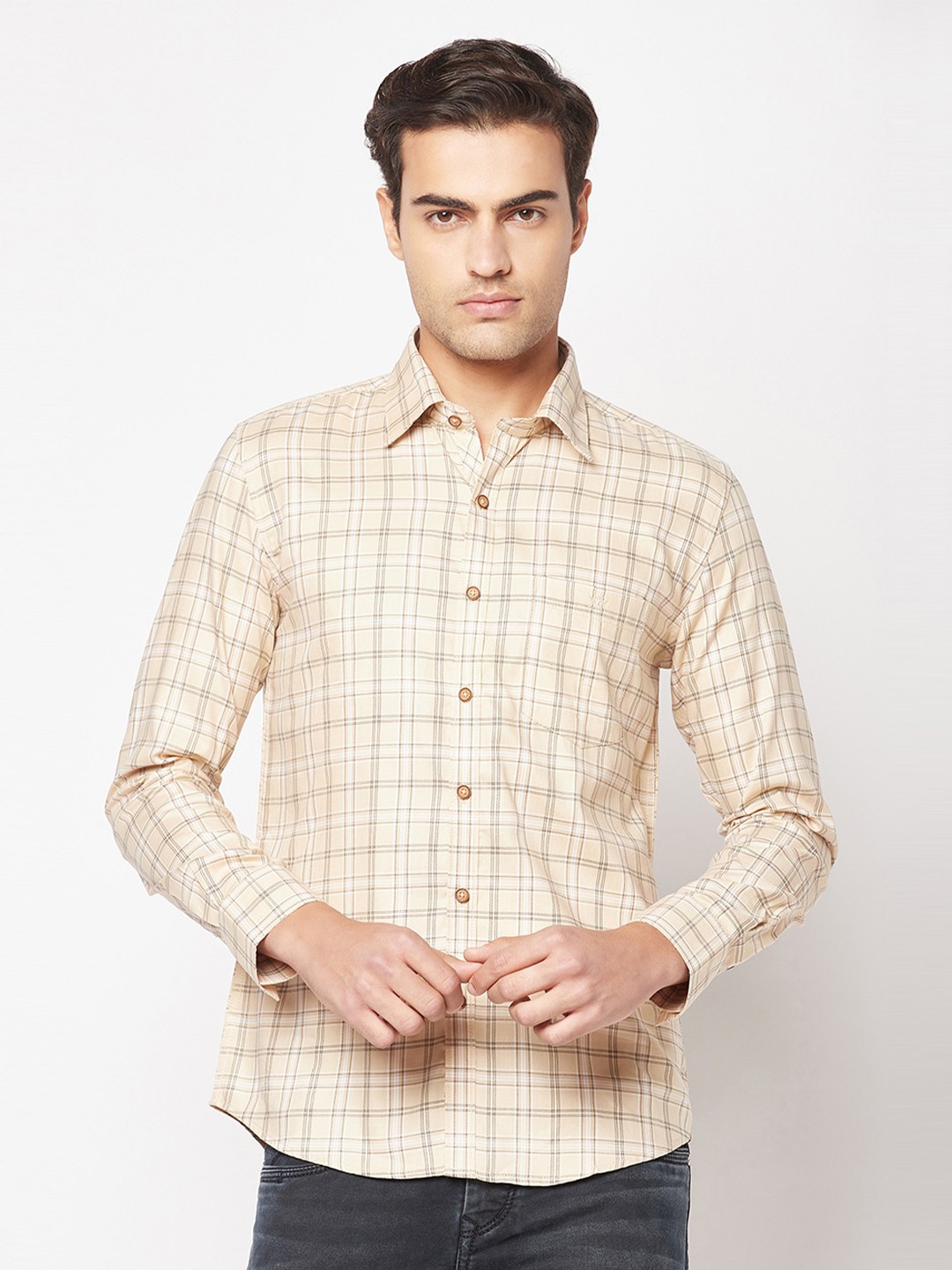 

Crimsoune Club Slim Fit Checked Casual Shirt, Cream