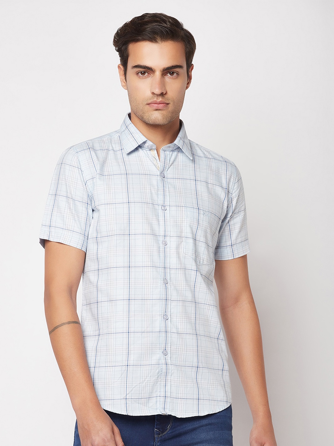 

Crimsoune Club Slim Fit Windowpane Checks Checked Pure Cotton Casual Shirt, Blue