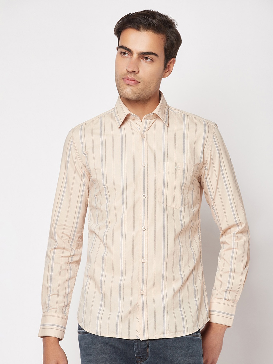 

Crimsoune Club Striped India Slim Pure Cotton Casual Shirt, Beige