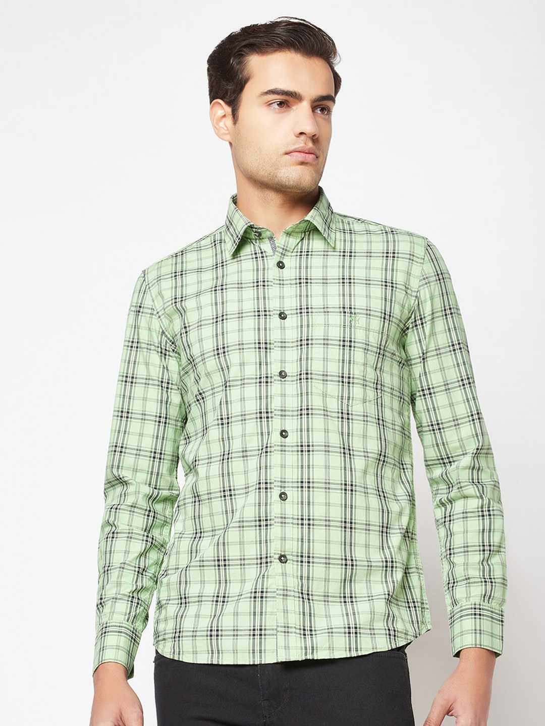 

Crimsoune Club Men Slim Fit Tartan Checked Casual Pure Cotton Shirt, Green