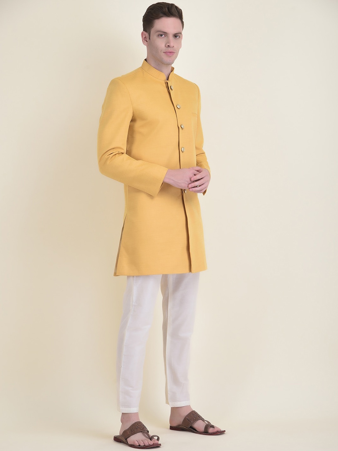 

HOUSE OF DEYANN Cotton Sherwani With Trouser Set, Yellow