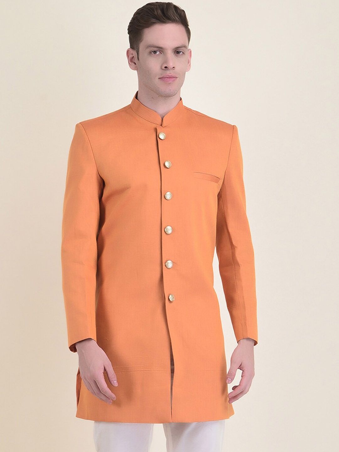 

HOUSE OF DEYANN Cotton Sherwani With Trouser Set, Orange