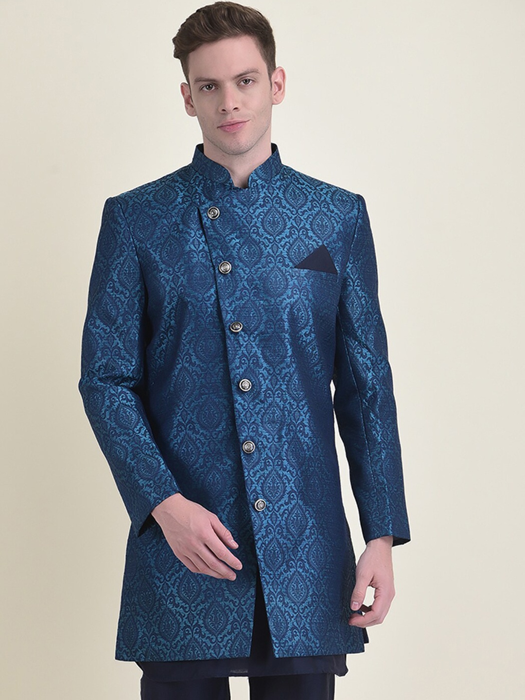 

HOUSE OF DEYANN Woven-Design Jacquard Sherwani With Trouser Set, Blue