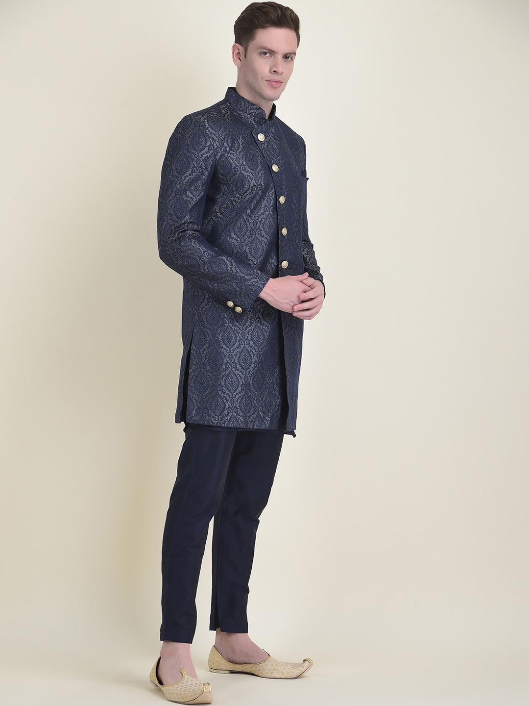

HOUSE OF DEYANN Woven Design Sherwani With Trouser Set, Blue