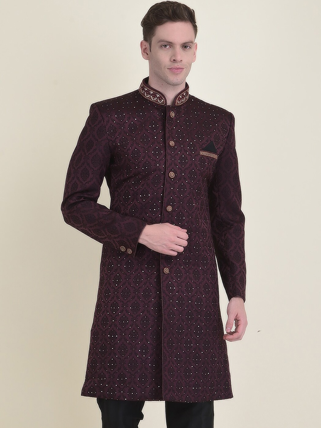 

HOUSE OF DEYANN Self-Design Sherwani With Trouser Set, Maroon