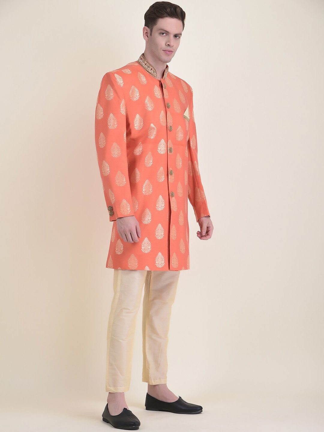 

HOUSE OF DEYANN Woven Design Jacquard Sherwani With Trouser Set, Red