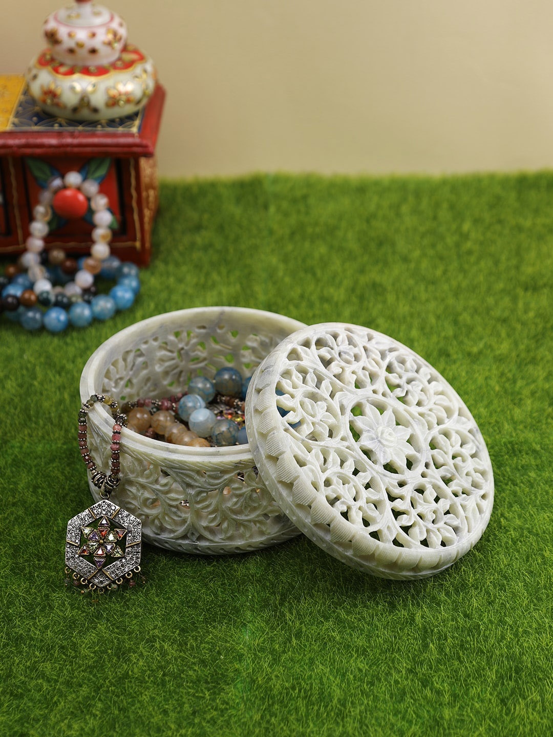 

Aapno Rajasthan White Self-Design Soapstone Mini Jewellery Storage Box With Lid