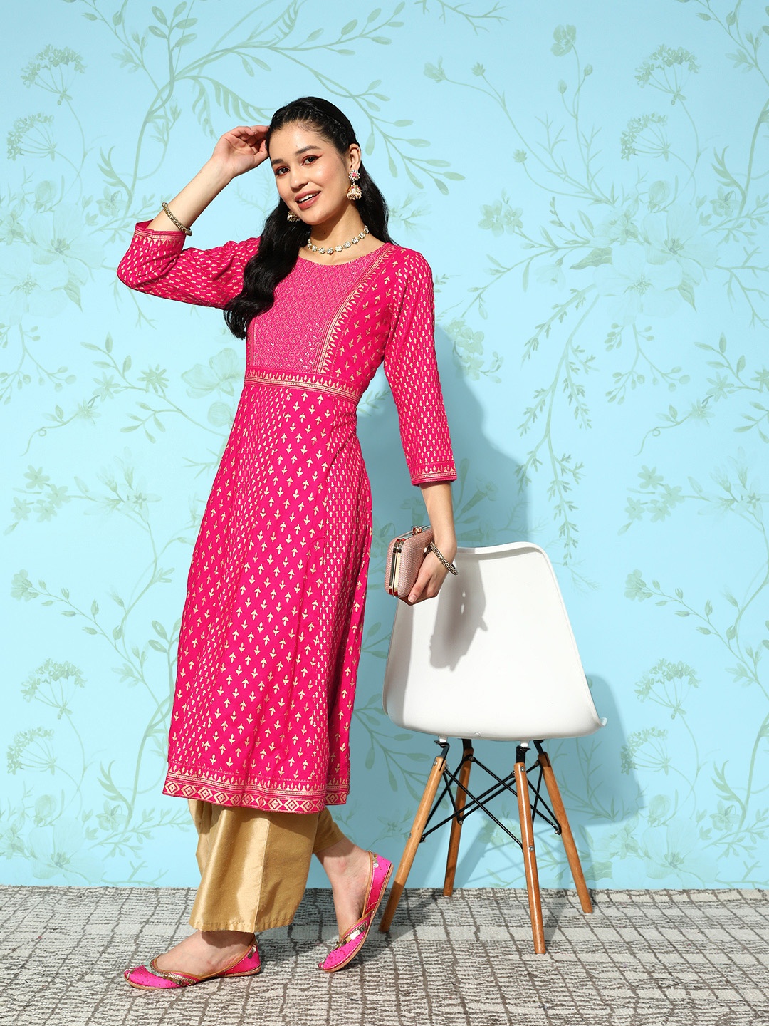 

Ishin Embellished Block Print Anarkali Kurta, Fuchsia