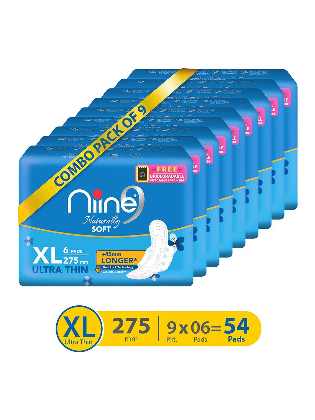 

Niine Set of 9 Naturally Soft Ultra Thin XL Sanitary Pads - 6 Pads each, Pink