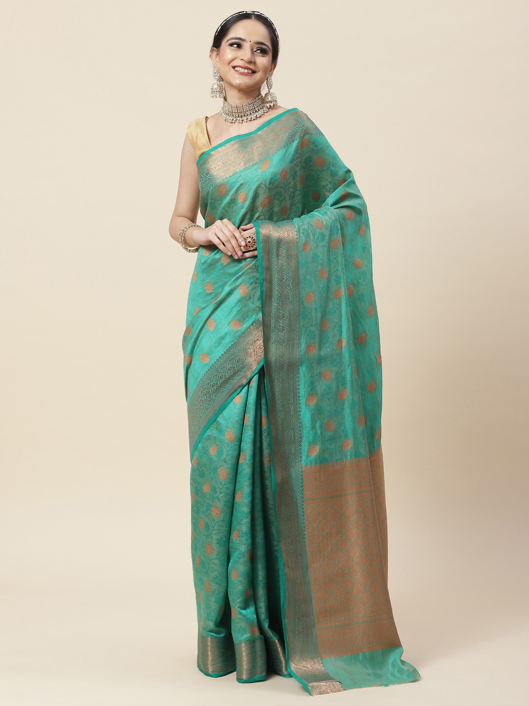 

Meena Bazaar Ethnic Motifs Woven Design Zari Saree, Green