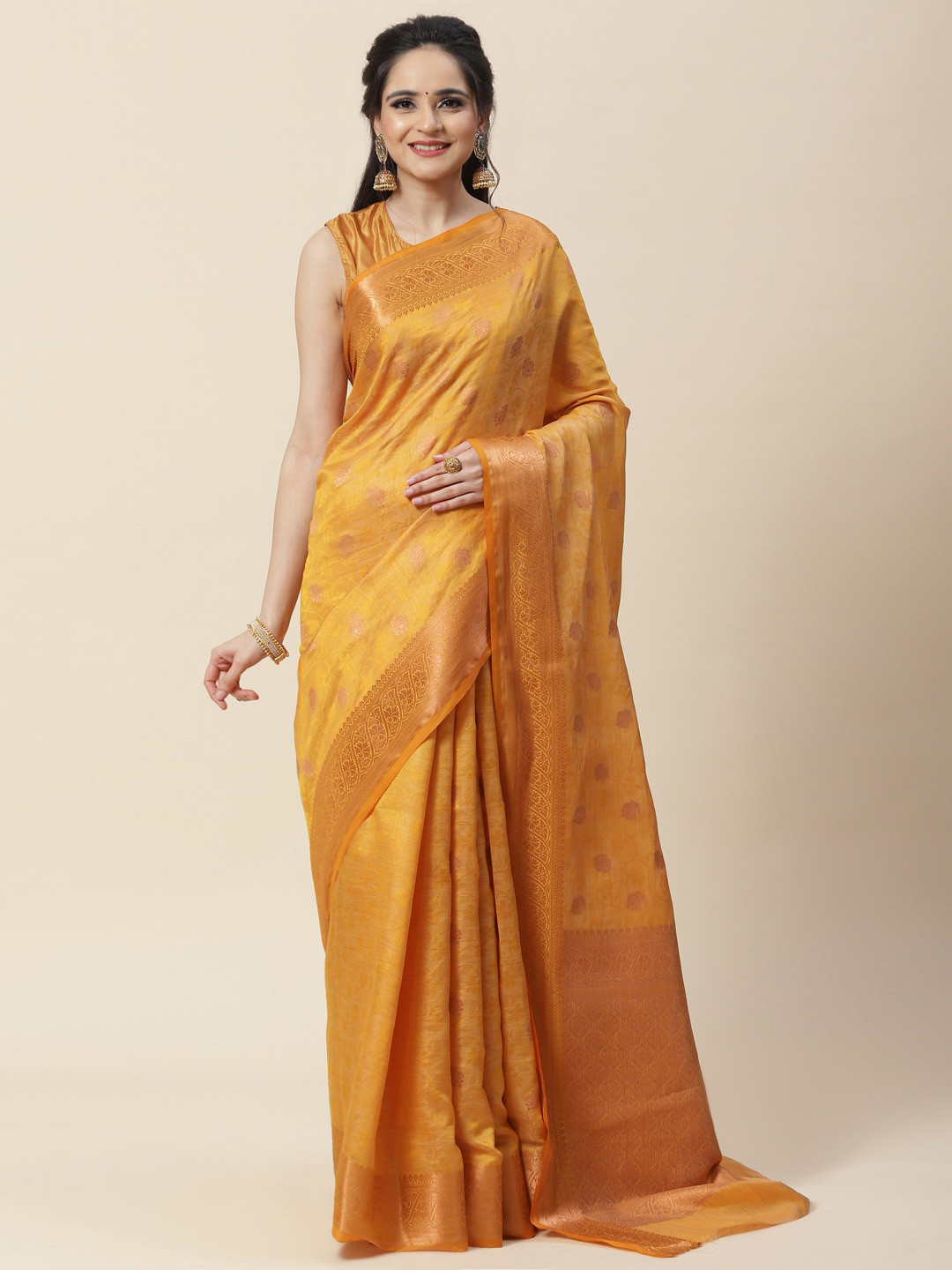 

Meena Bazaar Floral Woven Design Zari Art Silk Saree, Mustard