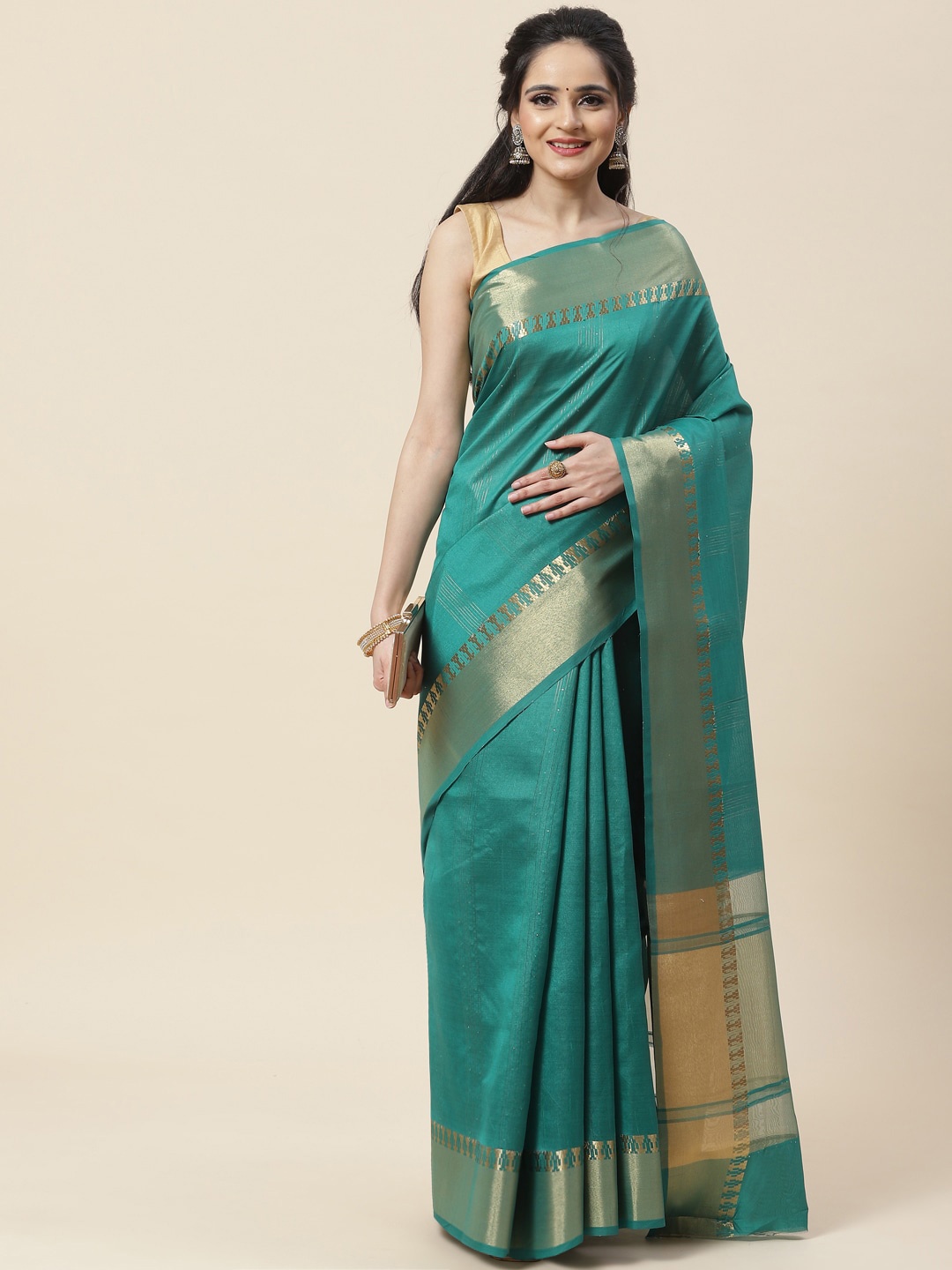 

Meena Bazaar Striped Zari Art Silk Saree, Green