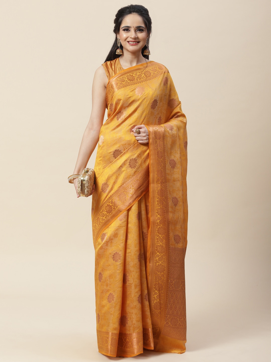 

Meena Bazaar Floral Zari Art Silk Saree, Mustard
