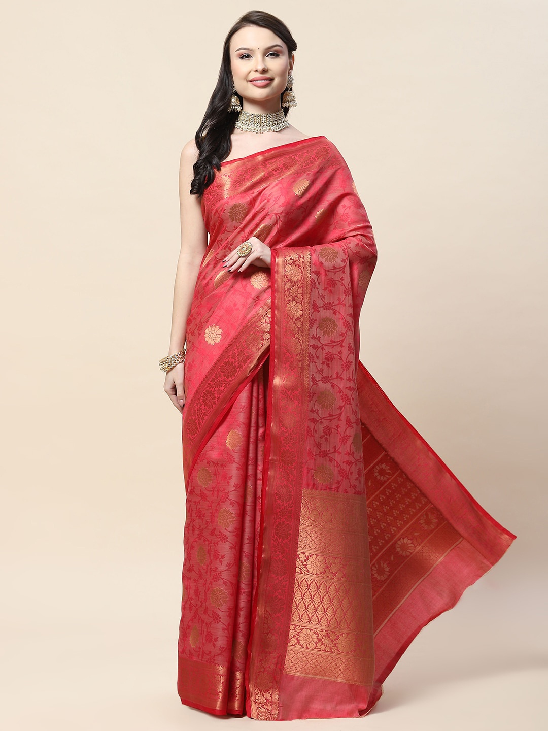 

Meena Bazaar Floral Woven Design Zari Saree, Peach