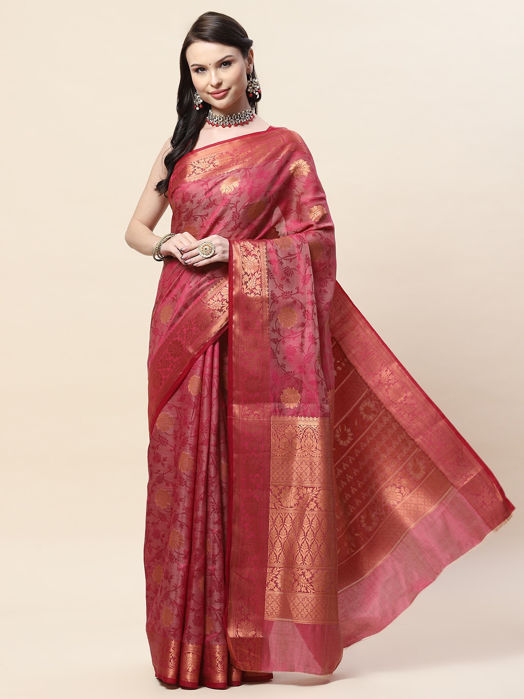 

Meena Bazaar Floral Woven Design Zari Art Silk Saree, Burgundy