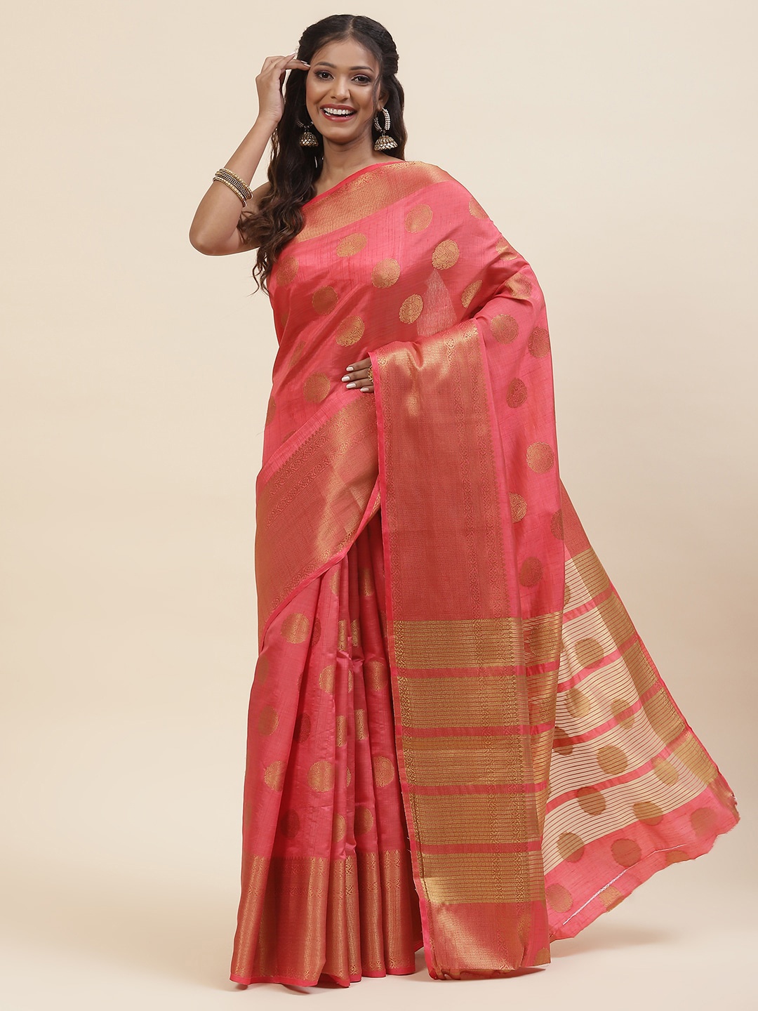 

Meena Bazaar Paisley Woven Design Zari Saree, Peach