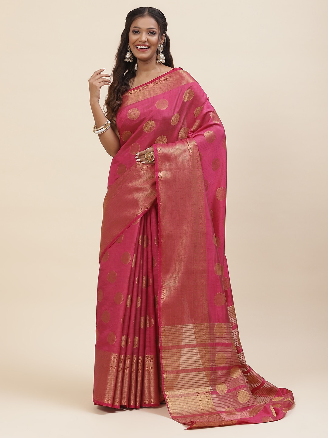 

Meena Bazaar Ethnic Motifs Woven Design Zari Art Silk Saree, Pink