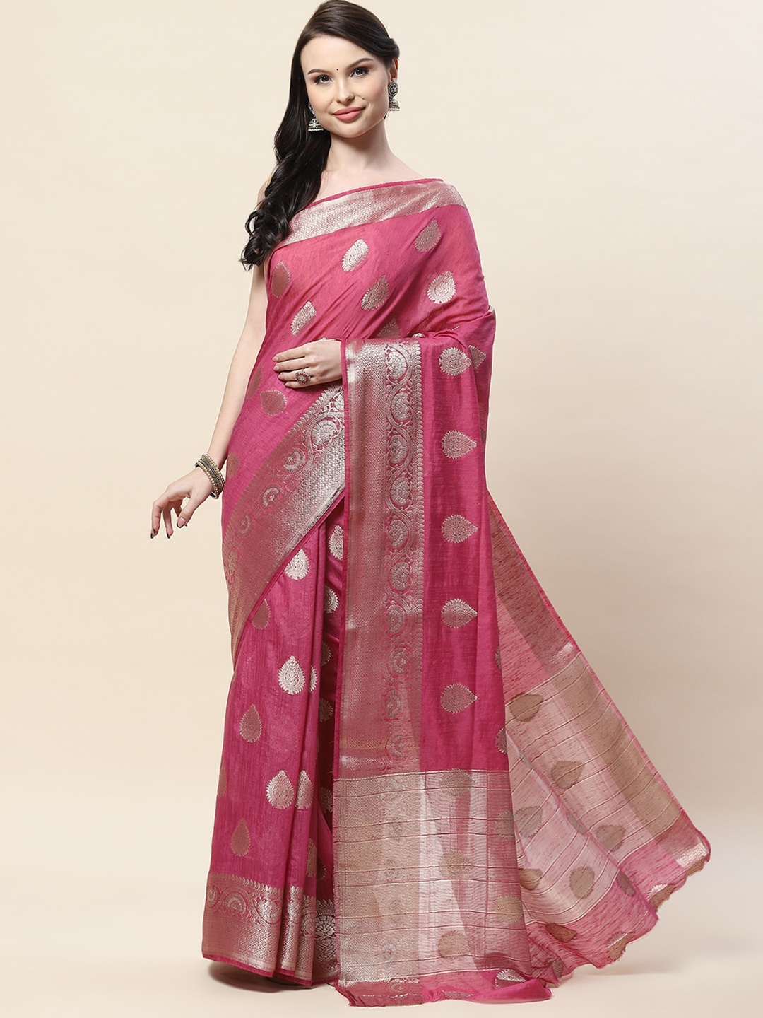 

Meena Bazaar Ethnic Motifs Woven Design Zari Saree, Pink