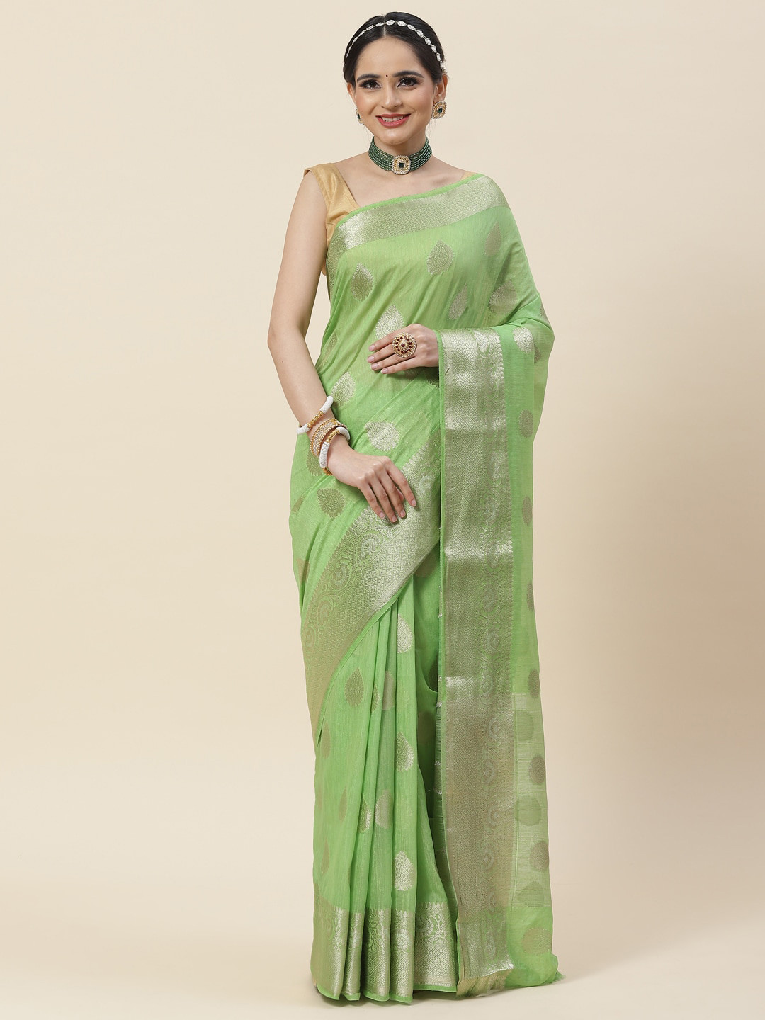 

Meena Bazaar Woven Design Zari Art Silk Saree, Lime green