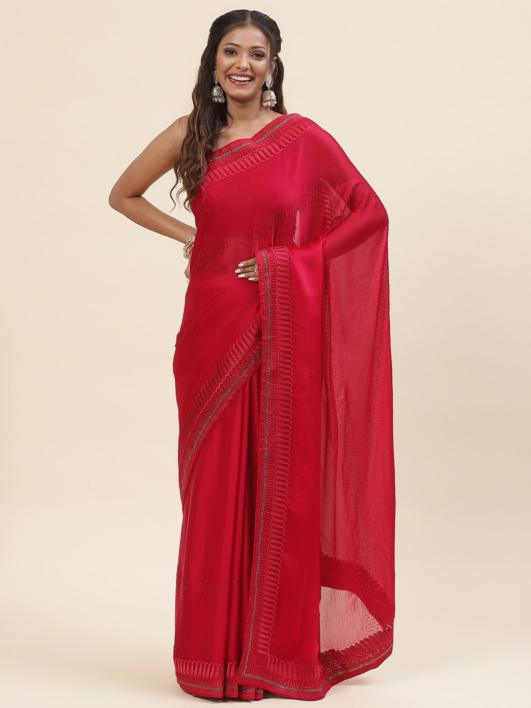 

Meena Bazaar Paisley Embroidered Beads & Stone Work Saree, Red