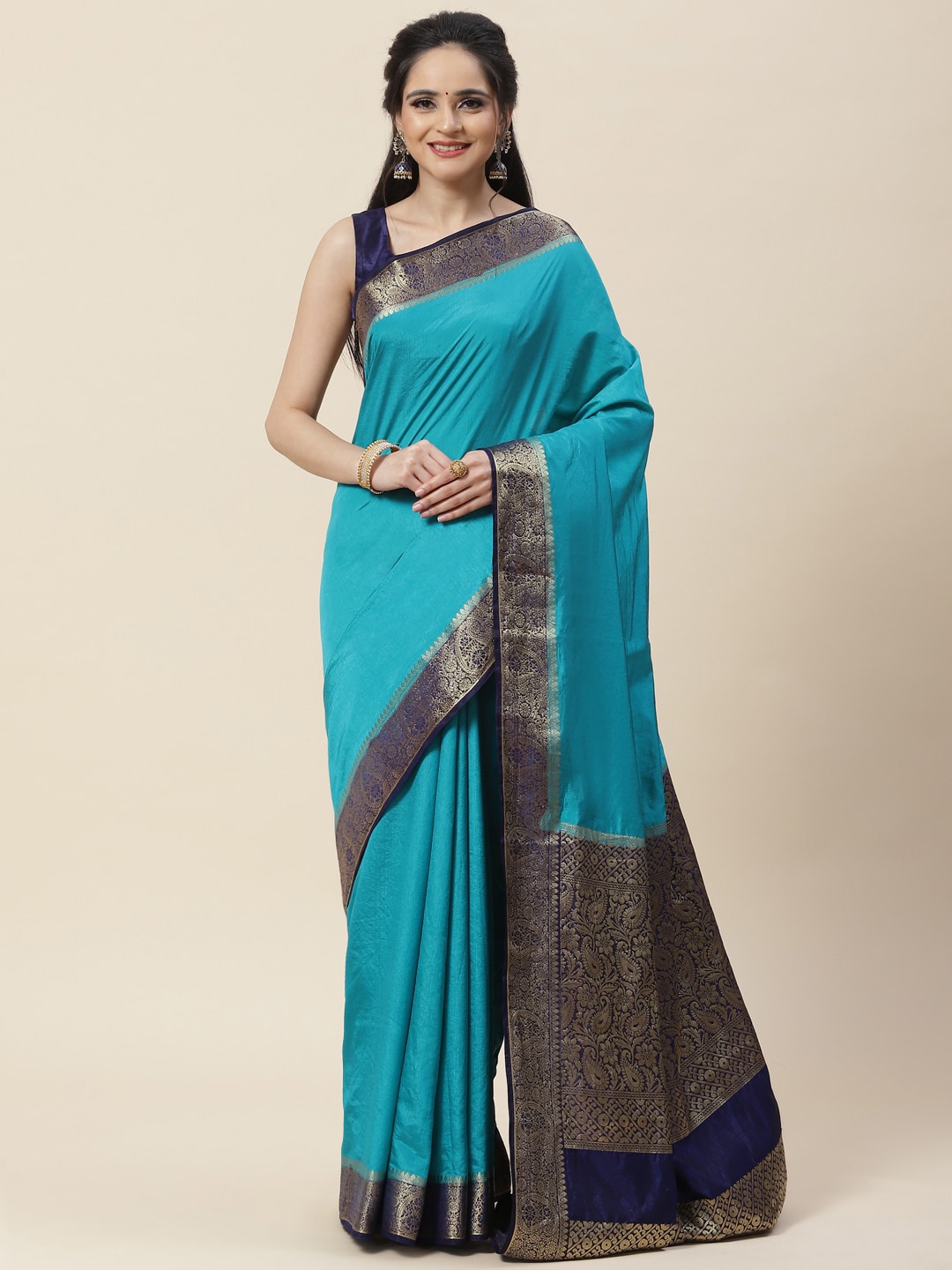 

Meena Bazaar Zari Woven design Border Art Silk Saree, Turquoise blue